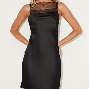Lulus Ilhanna Black Satin Boat Neck Shift Mini Dress - Size S